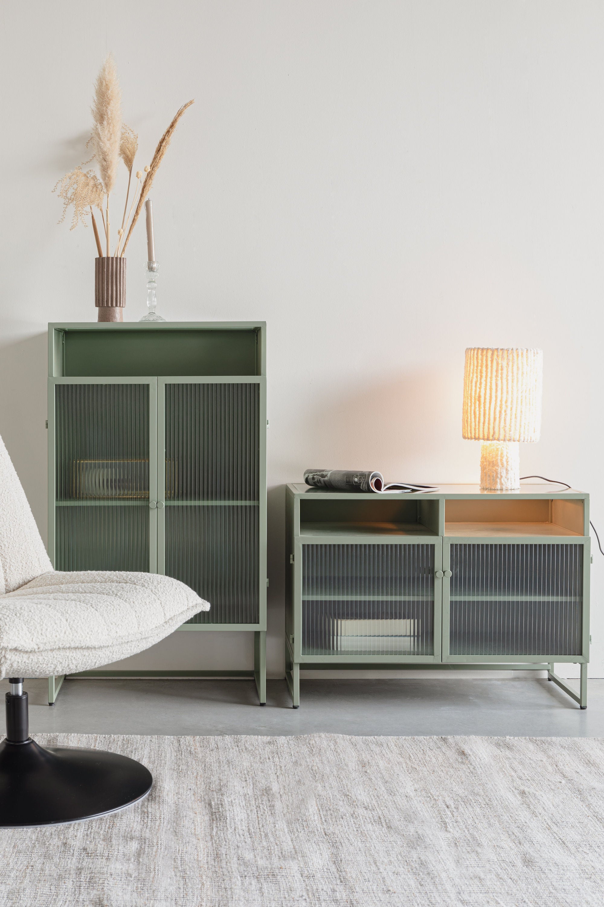 Herbe Green Wood & Ribbed Glass Low Sideboard